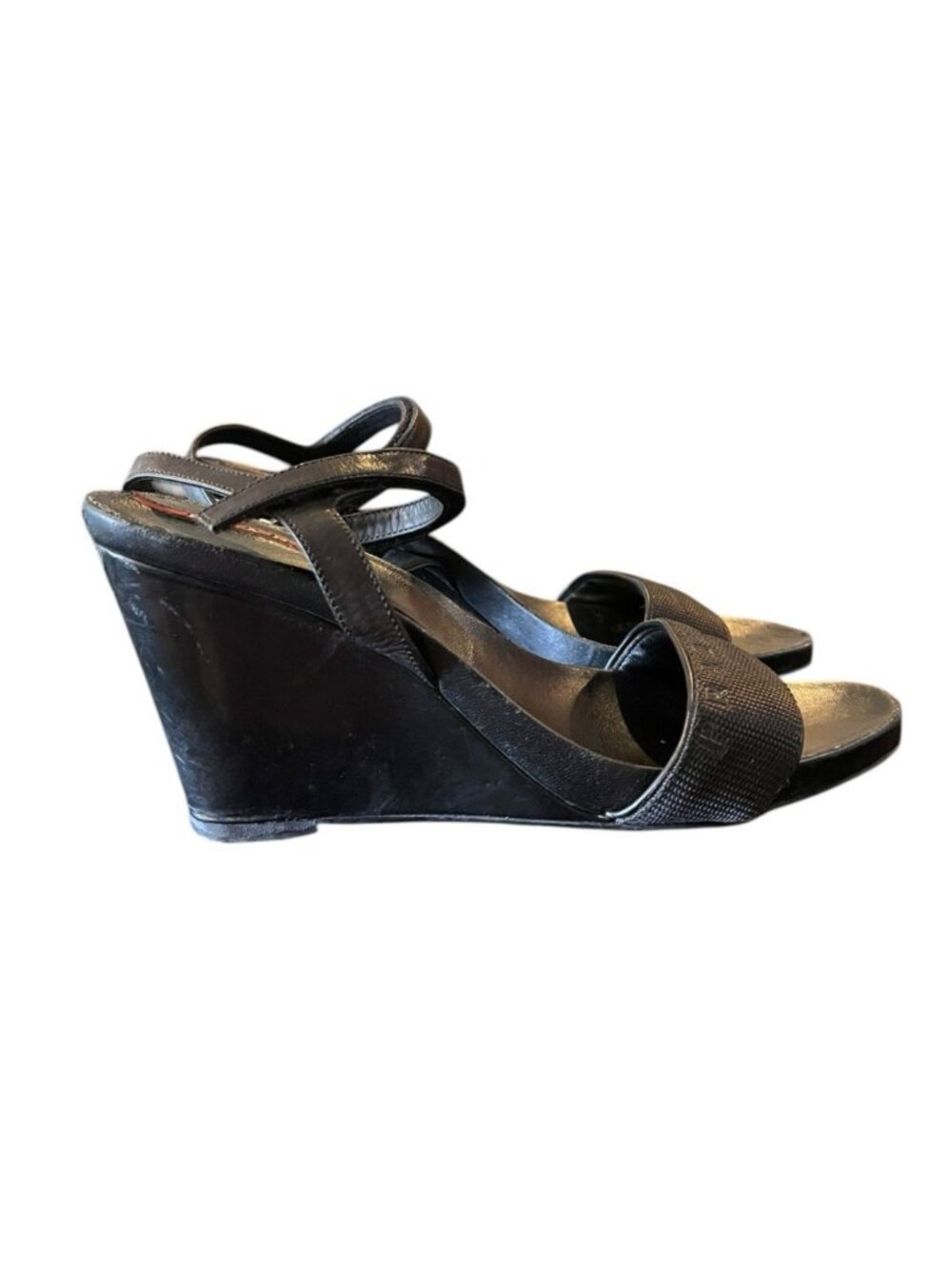 Prada Ladies Size 7.5 Black Leather Platform Sandals Block Heel  Ankle Strap Vtg - Picture 4 of 15
